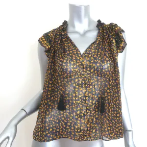 Ulla Johnson Doria Tie-Neck Top Black/Yellow Metallic Floral Print Size 0