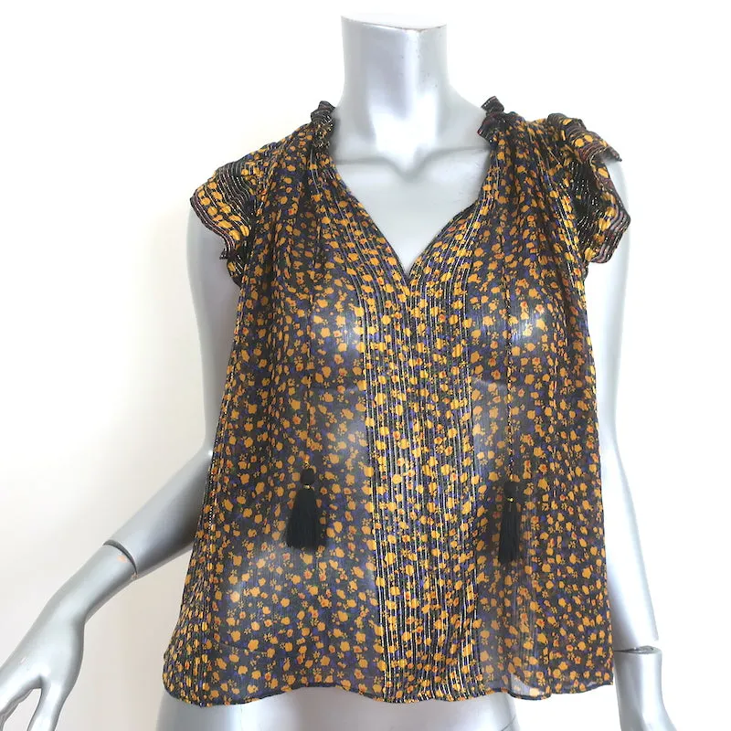 Ulla Johnson Doria Top à Col Noué Noir/Imprimé Floral Métallisé Jaune Taille 0