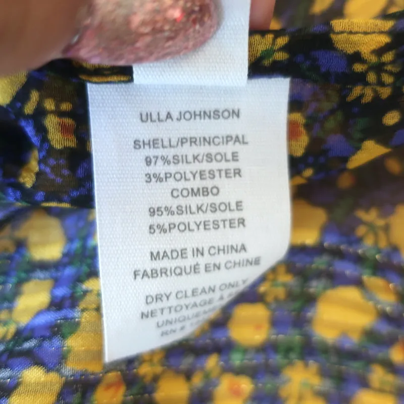 Ulla Johnson Doria Top à Col Noué Noir/Imprimé Floral Métallisé Jaune Taille 0