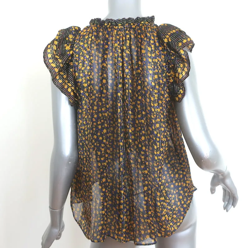 Ulla Johnson Doria Top à Col Noué Noir/Imprimé Floral Métallisé Jaune Taille 0