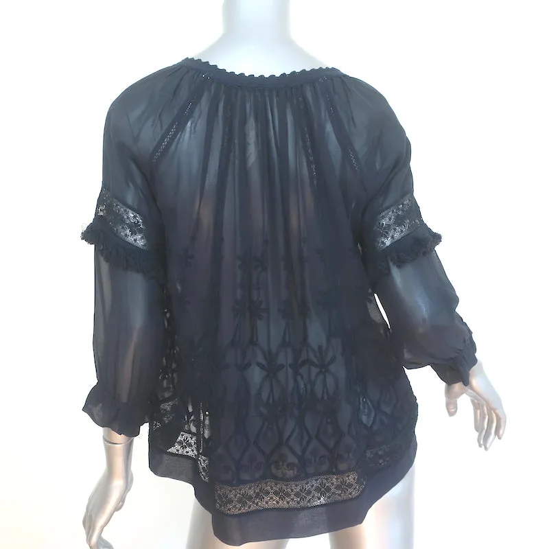 Ulla Johnson Emma Blouse Marine Brodée en Soie Taille 2 Top à Nouer avec Gland NEUF