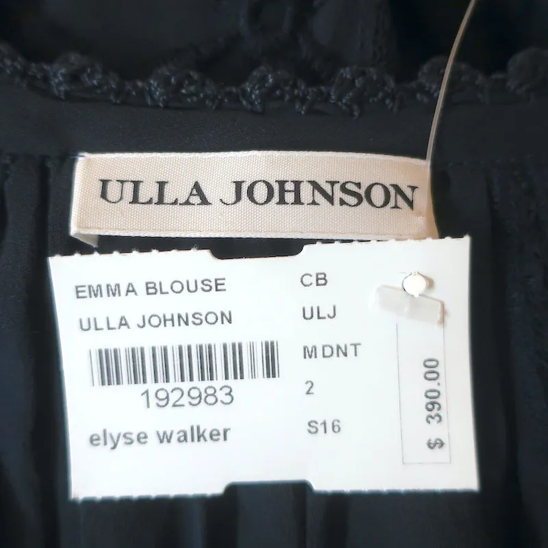 Ulla Johnson Emma Blouse Marine Brodée en Soie Taille 2 Top à Nouer avec Gland NEUF