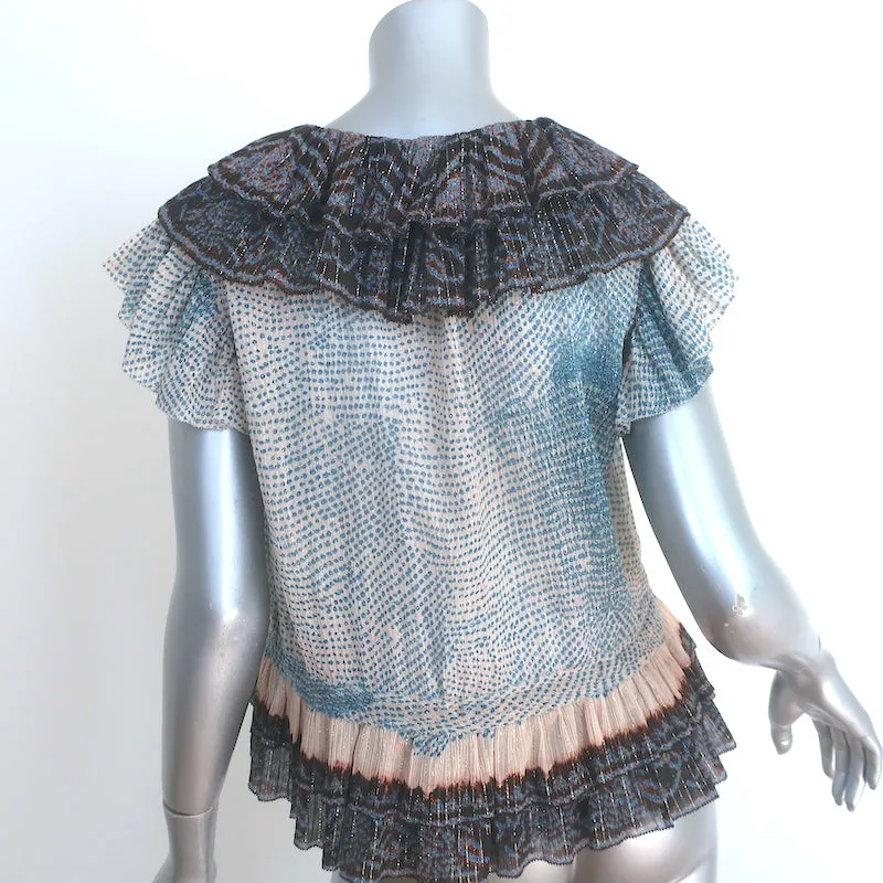 Ulla Johnson Kaede Blouse à Volants Bleu/Multicolore Imprimé Métallisé en Coton Mixte Taille 6