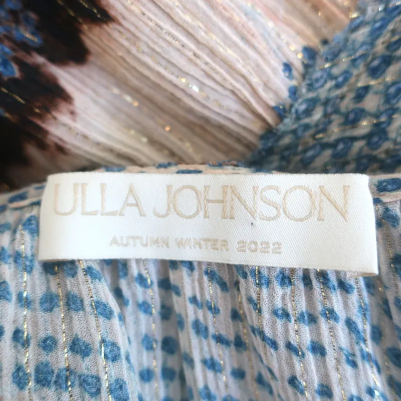 Ulla Johnson Kaede Blouse à Volants Bleu/Multicolore Imprimé Métallisé en Coton Mixte Taille 6