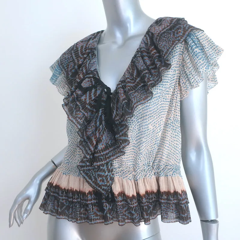 Ulla Johnson Kaede Blouse à Volants Bleu/Multicolore Imprimé Métallisé en Coton Mixte Taille 6
