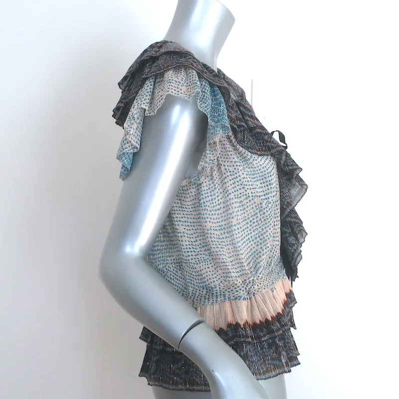 Ulla Johnson Kaede Blouse à Volants Bleu/Multicolore Imprimé Métallisé en Coton Mixte Taille 6