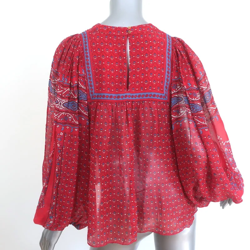 Ulla Johnson Minou Blouse Rouge Imprimé Paisley en Mousseline Taille 2 Haut à Manches Longues NEUF