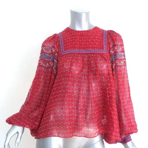 Ulla Johnson Minou Blouse Red Paisley Print Chiffon Size 2 Long Sleeve Top NEW
