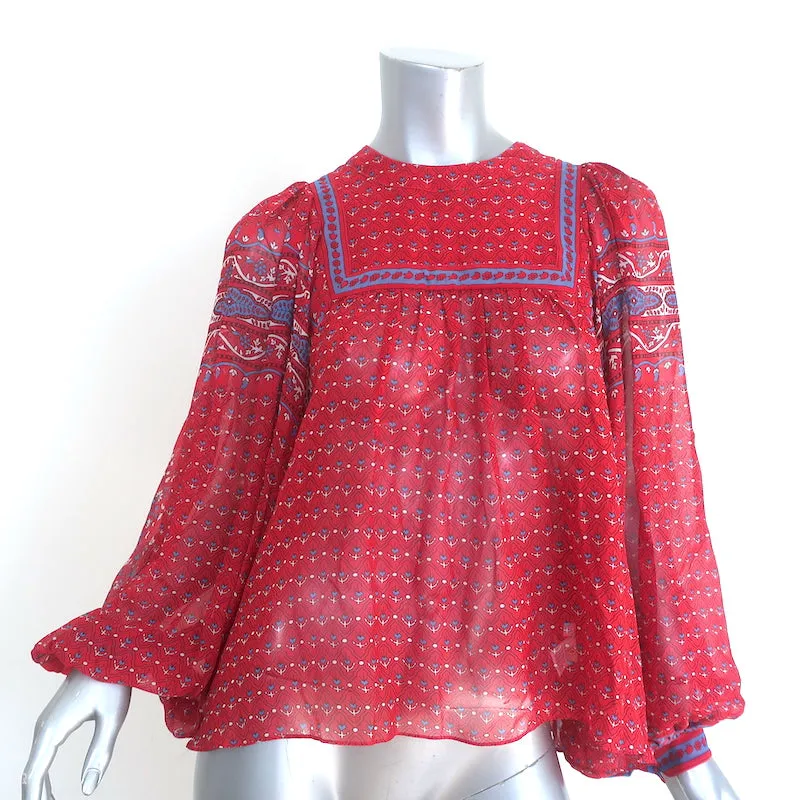 Ulla Johnson Minou Blouse Rouge Imprimé Paisley en Mousseline Taille 2 Haut à Manches Longues NEUF