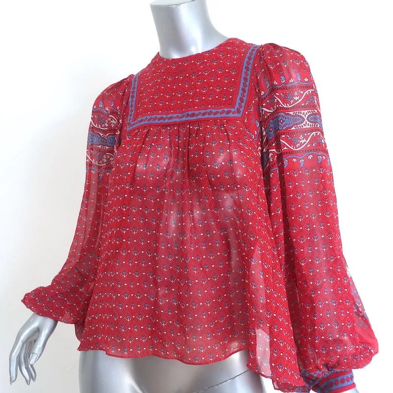 Ulla Johnson Minou Blouse Rouge Imprimé Paisley en Mousseline Taille 2 Haut à Manches Longues NEUF