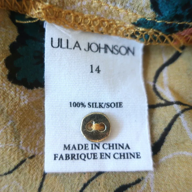 Ulla Johnson Miray Blouse Moutarde Imprimé Floral Chiffon Taille 14 Haut à Manches Longues