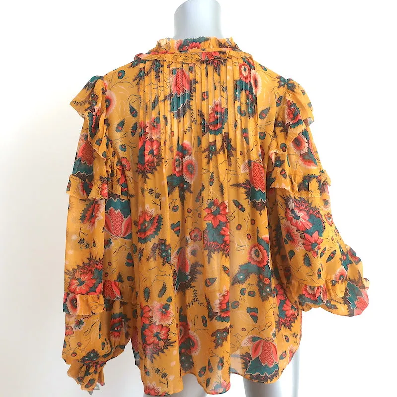 Ulla Johnson Miray Blouse Moutarde Imprimé Floral Chiffon Taille 14 Haut à Manches Longues