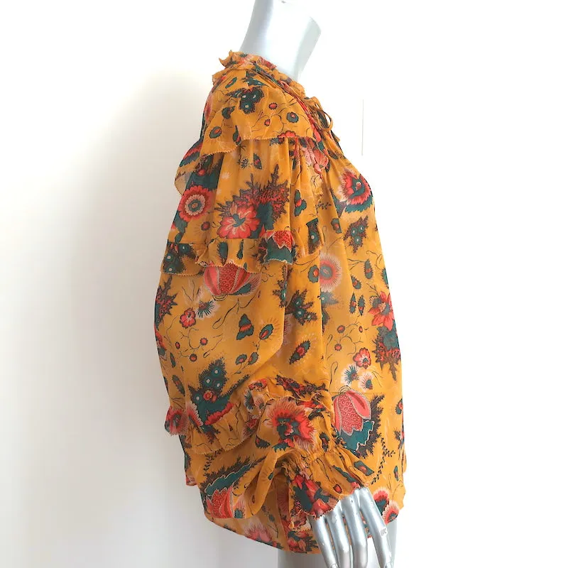 Ulla Johnson Miray Blouse Moutarde Imprimé Floral Chiffon Taille 14 Haut à Manches Longues