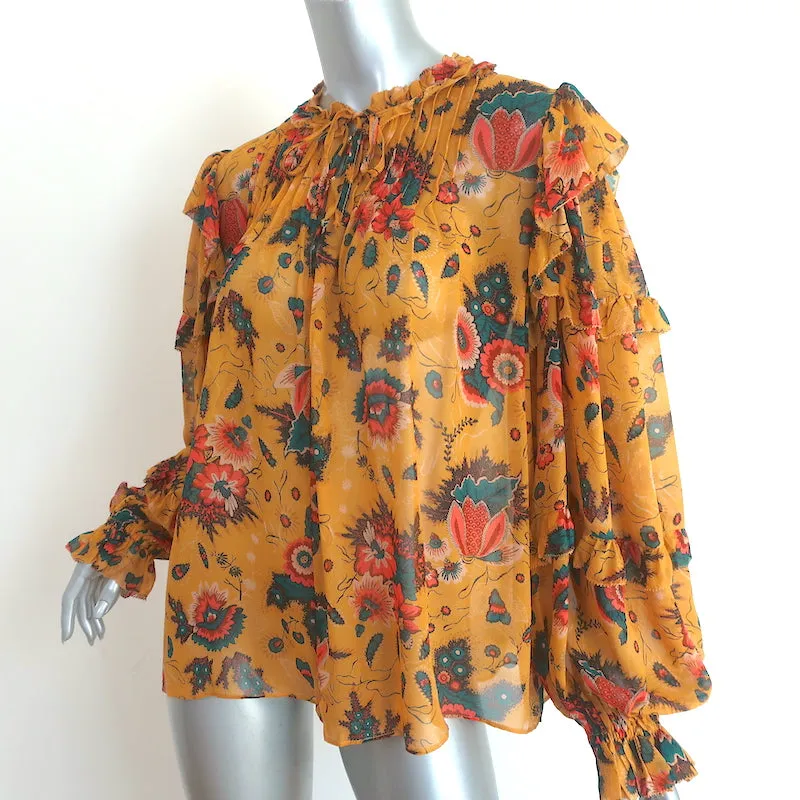 Ulla Johnson Miray Blouse Moutarde Imprimé Floral Chiffon Taille 14 Haut à Manches Longues