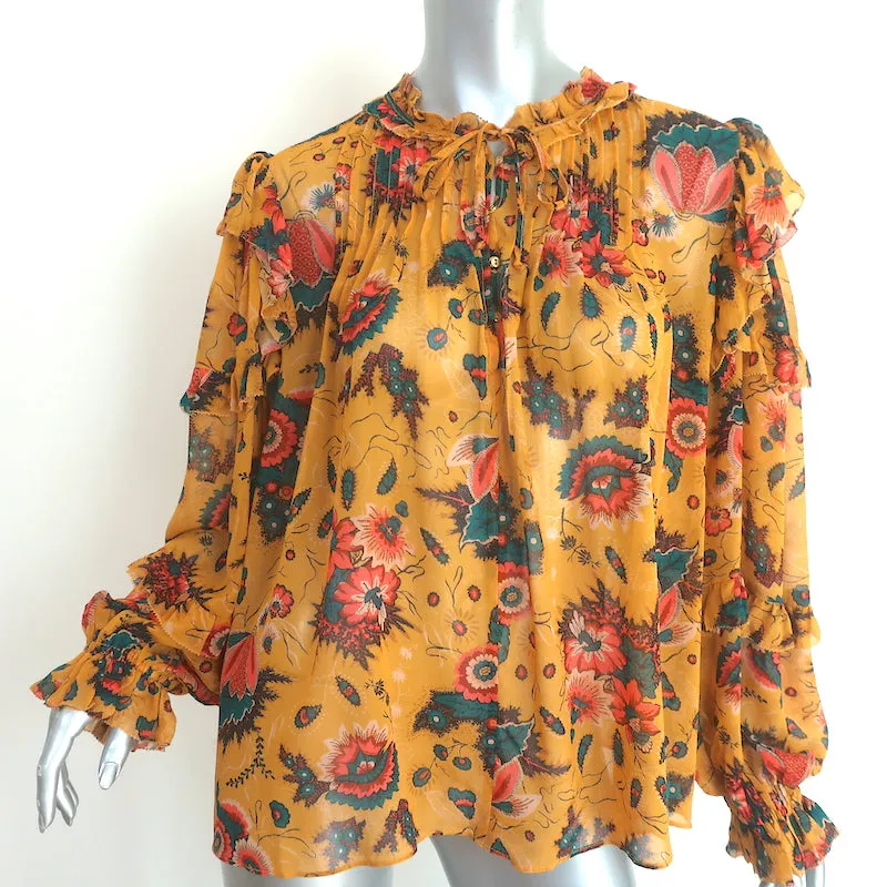 Ulla Johnson Miray Blouse Moutarde Imprimé Floral Chiffon Taille 14 Haut à Manches Longues