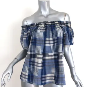 Ulla Johnson Off the Shoulder Blouse Amania Blue Plaid Size 2 Short Sleeve Top