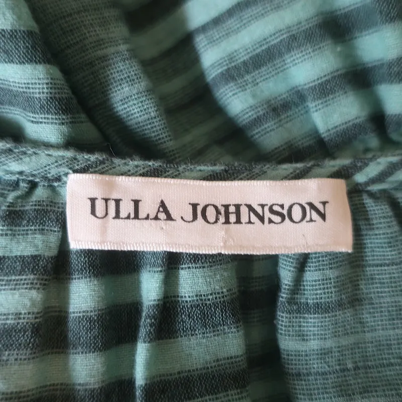 Ulla Johnson Ophelia Top Peplum en Coton Rayé Bleu Vert Taille 0 Blouse à Manches Longues