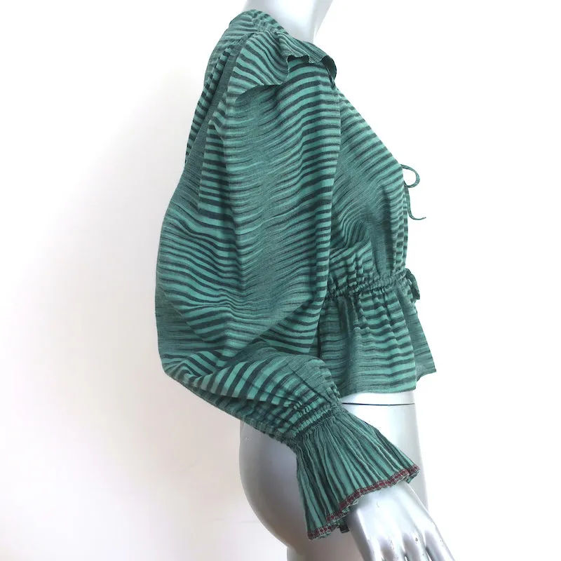 Ulla Johnson Ophelia Top Peplum en Coton Rayé Bleu Vert Taille 0 Blouse à Manches Longues