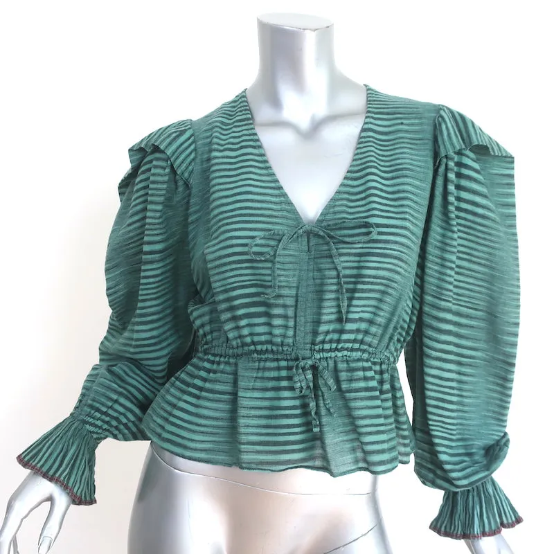 Ulla Johnson Ophelia Top Peplum en Coton Rayé Bleu Vert Taille 0 Blouse à Manches Longues