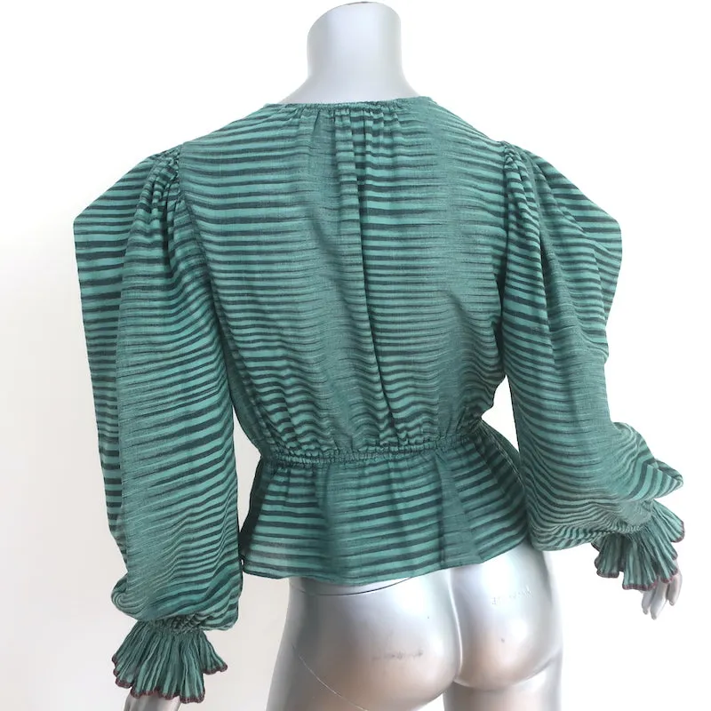 Ulla Johnson Ophelia Top Peplum en Coton Rayé Bleu Vert Taille 0 Blouse à Manches Longues