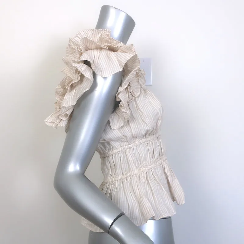 Ulla Johnson Haut à Volants Paloma Rayé Beige en Lin Taille 2 NEUF