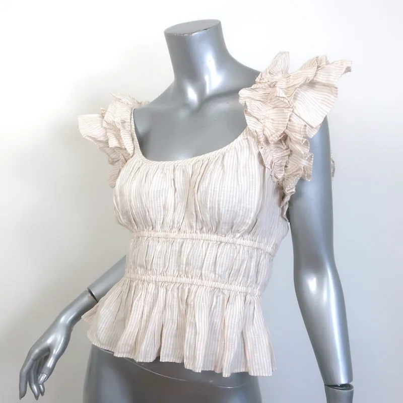 Ulla Johnson Haut à Volants Paloma Rayé Beige en Lin Taille 2 NEUF