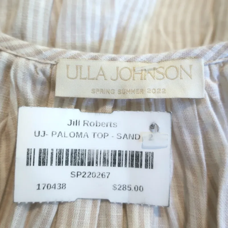 Ulla Johnson Haut à Volants Paloma Rayé Beige en Lin Taille 2 NEUF