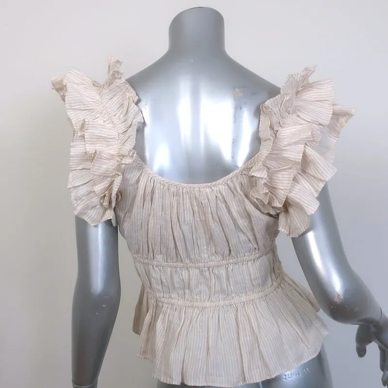 Ulla Johnson Haut à Volants Paloma Rayé Beige en Lin Taille 2 NEUF