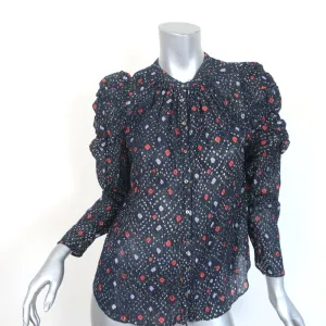 Ulla Johnson Puff Sleeve Blouse Willa Navy Printed Lurex Size 4 Button Down Top