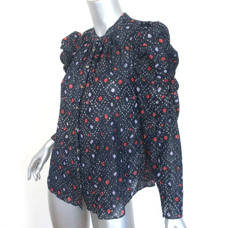 Blouse à manches ballon Ulla Johnson Willa Imprimé Lurex Marine Taille 4 Boutonnage devant