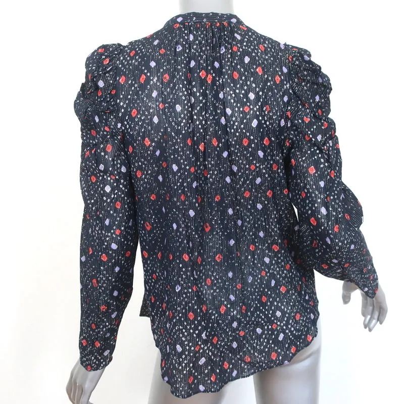 Blouse à manches ballon Ulla Johnson Willa Imprimé Lurex Marine Taille 4 Boutonnage devant