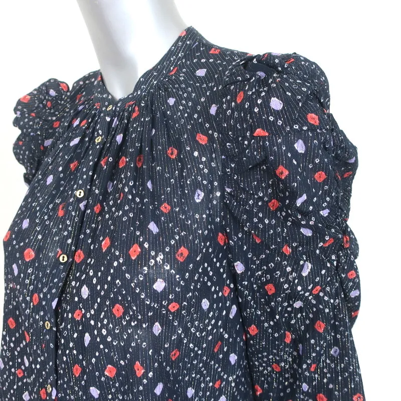 Blouse à manches ballon Ulla Johnson Willa Imprimé Lurex Marine Taille 4 Boutonnage devant