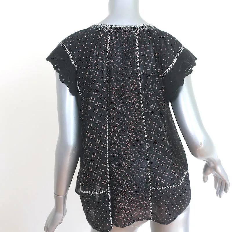 Ulla Johnson Rena Haut à Pompons Noir en Coton Imprimé Taille 6 Blouse à Manches Courtes