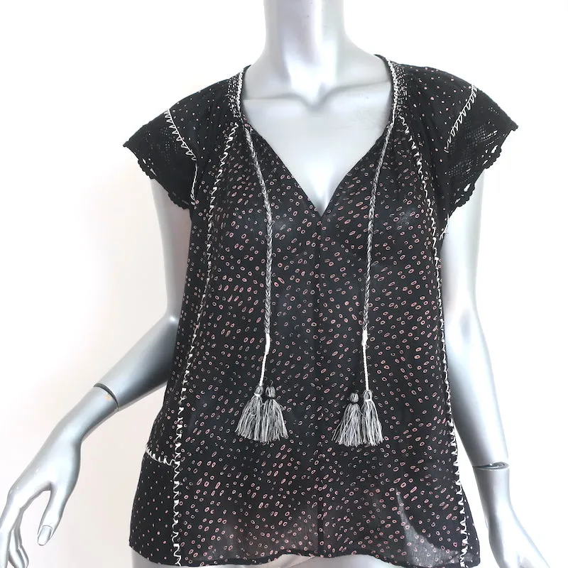 Ulla Johnson Rena Haut à Pompons Noir en Coton Imprimé Taille 6 Blouse à Manches Courtes
