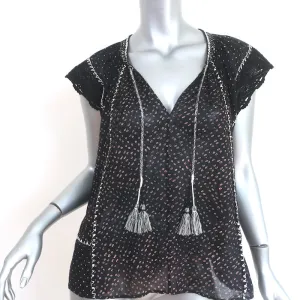 Ulla Johnson Rena Tassel Top Black Printed Cotton Size 6 Cap Sleeve Blouse