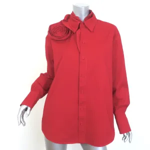 Valentino Rosette Collared Shirt Red Stretch Cotton Size 42 Long Sleeve Top