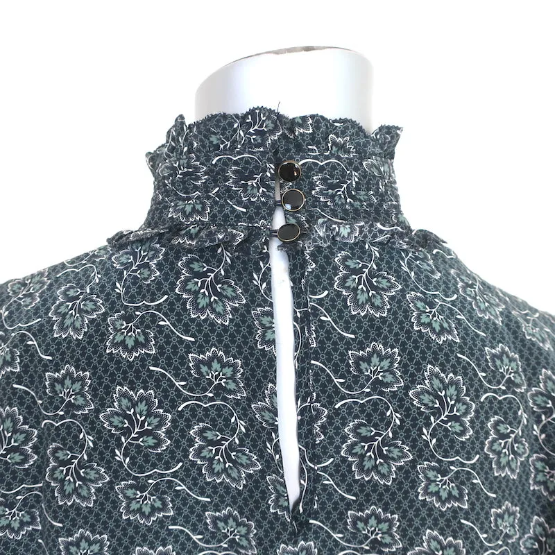 Vanessa Bruno Blouse Marine/Sauge Imprimé Floral en Soie Mélangée Taille 38 Haut à Manches Longues