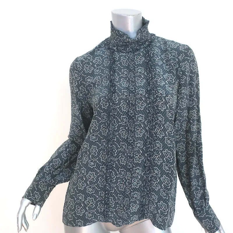 Vanessa Bruno Blouse Marine/Sauge Imprimé Floral en Soie Mélangée Taille 38 Haut à Manches Longues