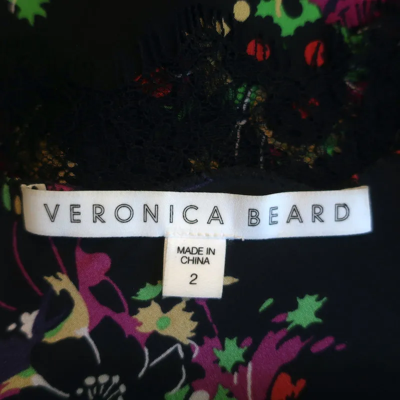 Veronica Beard Cami Gil Noir Imprimé Floral en Soie Élastique Taille 2 Décolleté en V