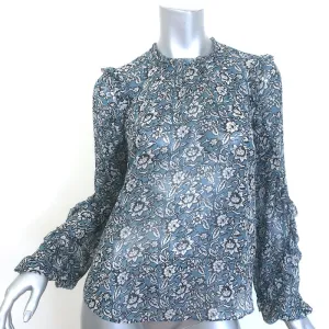 Veronica Beard Carolina Blouse Blue Floral Print Silk Size 2 Ruffle Sleeve Top