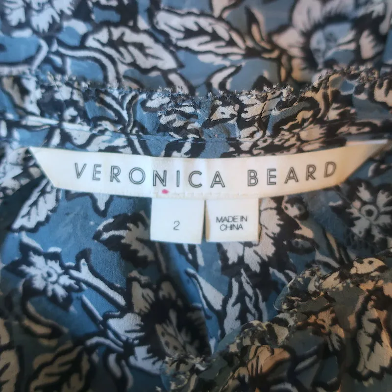Veronica Beard Blouse Caroline Imprimé floral bleu en soie Taille 2 Haut à manches à volants