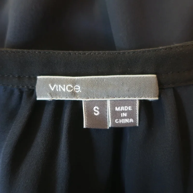 Vince Blouse à Contraste Noir et Marine en Soie Taille Petite Manches Longues