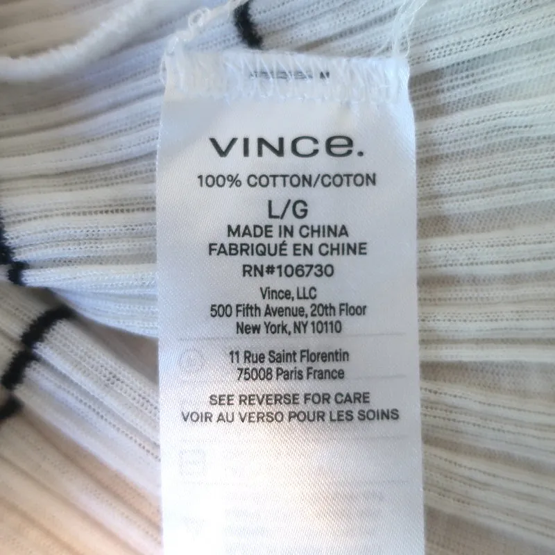 Haut à manches longues Vince Blanc/Noir Rayé Semi-transparent en Coton Taille L NEUF