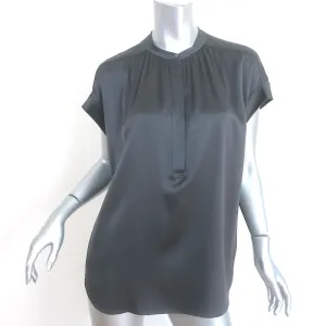 Vince Shirred Neck Top Charcoal Silk Satin Size Medium Short Sleeve Blouse