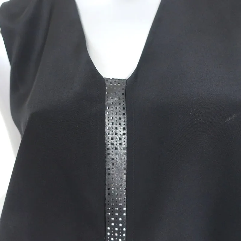 Vince Débardeur Noir en Soie avec Garniture en Cuir Taille Petite Blouse sans Manches