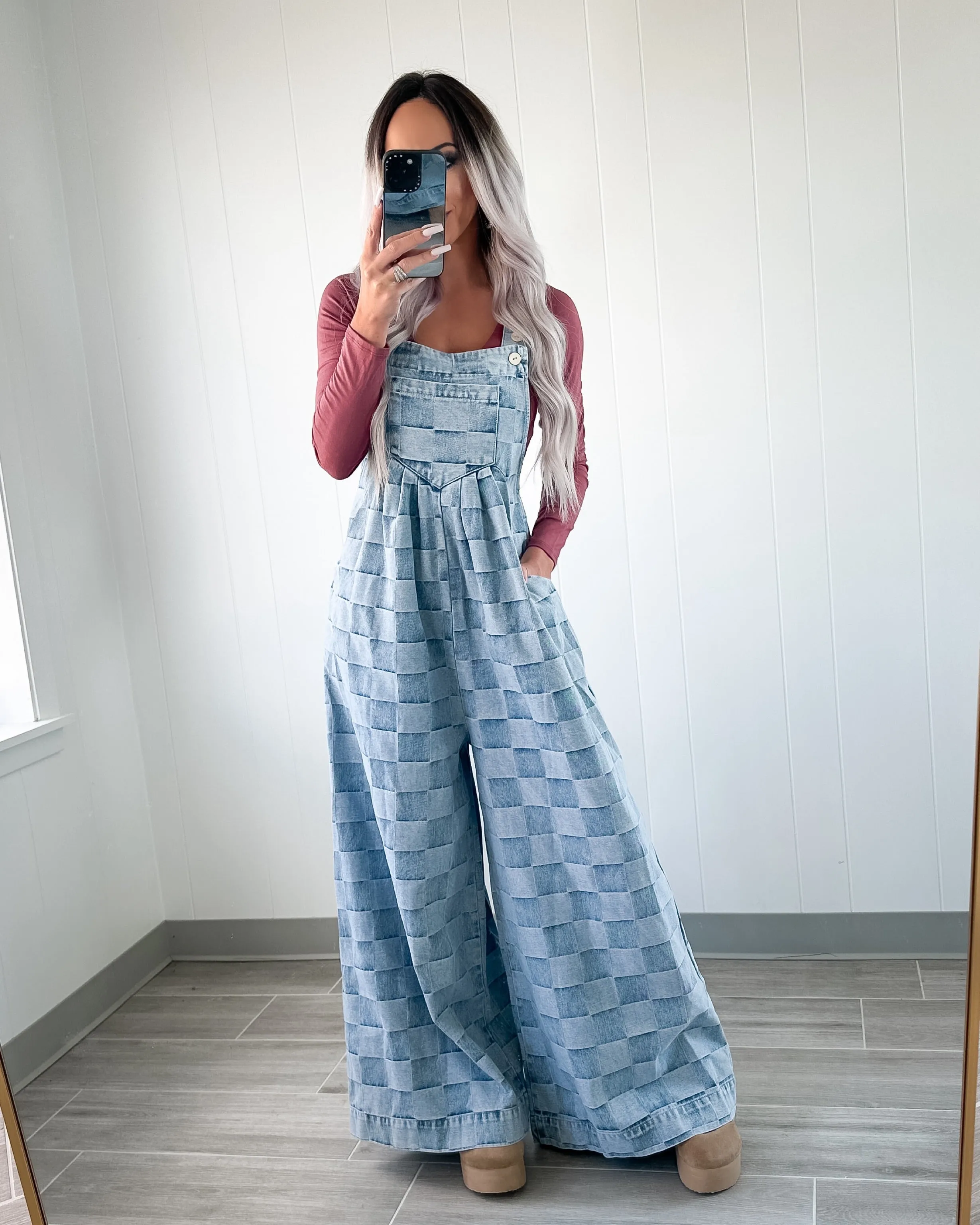 Salopette Large Patte d'Éléphant à Carreaux Vintage - Denim