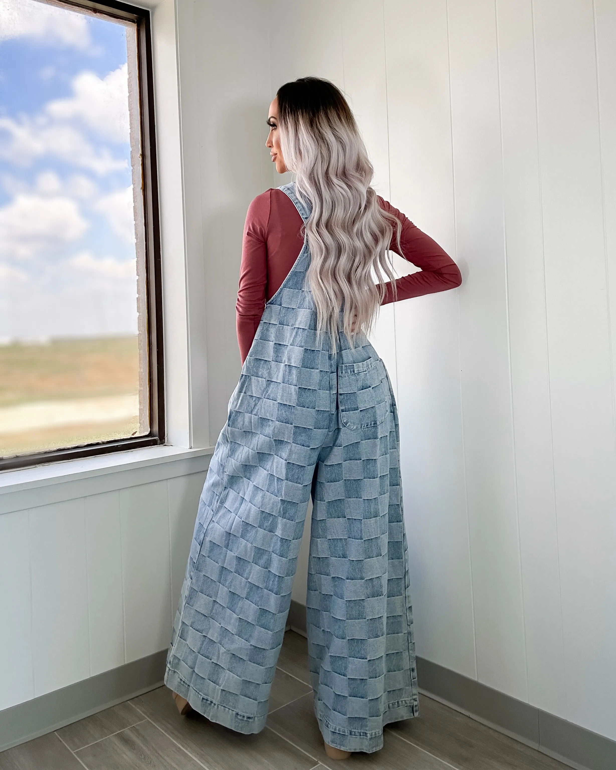 Salopette Large Patte d'Éléphant à Carreaux Vintage - Denim