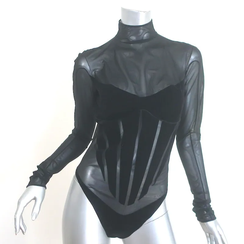 Wolford x Mugler Combinaison Moulante Flock Shaping Noir Velours & Maille Taille Moyenne NEUVE