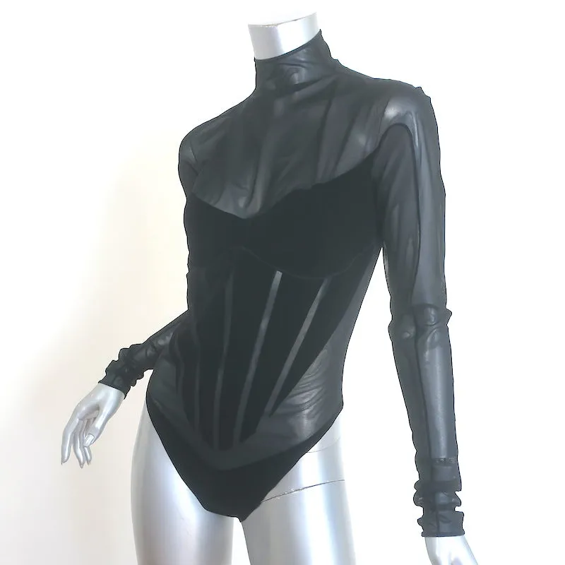 Wolford x Mugler Combinaison Moulante Flock Shaping Noir Velours & Maille Taille Moyenne NEUVE