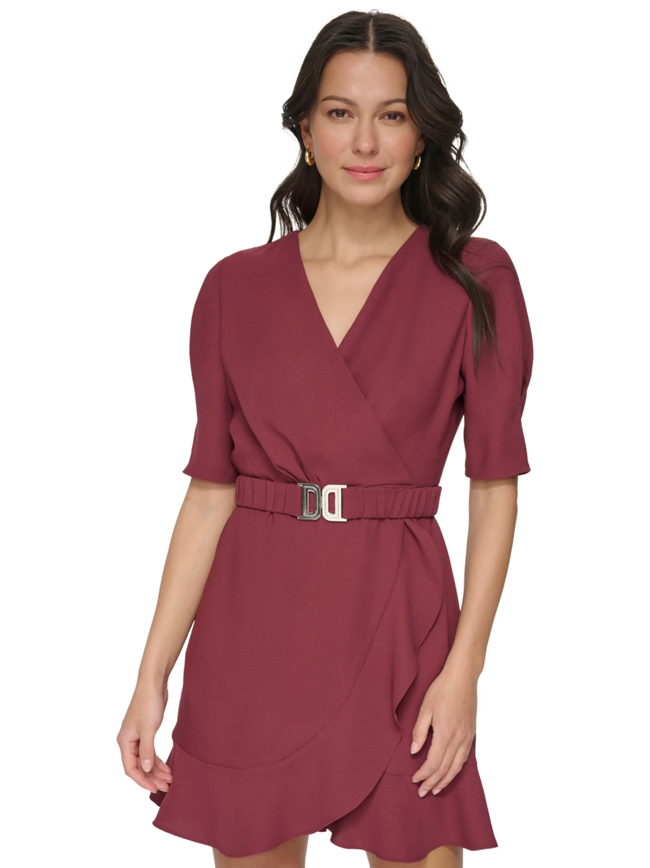 Robe ceinturée fausse enveloppante pour femme, Bordeau